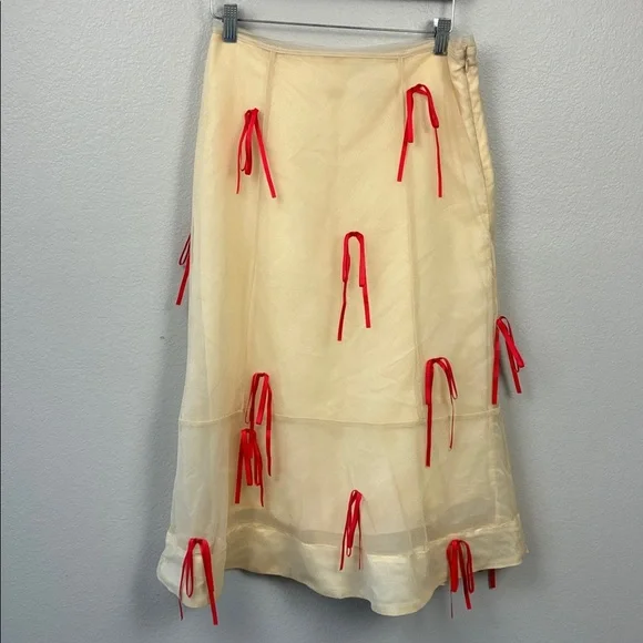 Maeve Ribbon Pencil Midi Skirt Cream Red Bows Ruffle Anthropologie 6